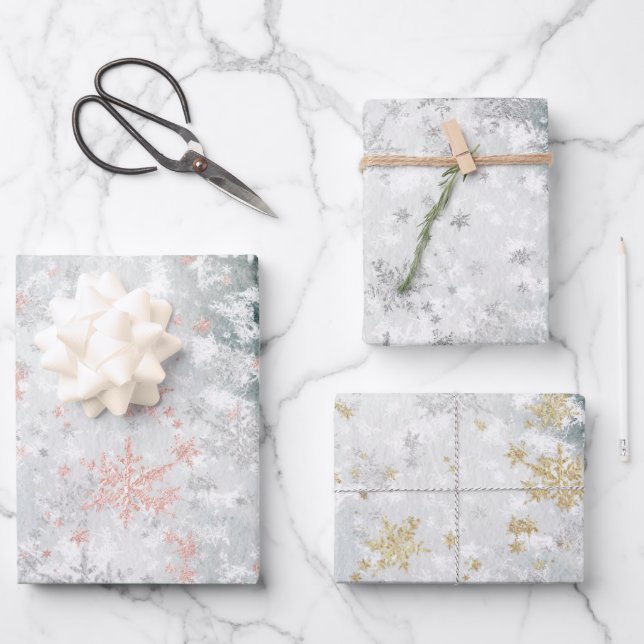 Blush Pink Gold Silver Snowflakes Frozen Lake Ice Wrapping Paper Sheet (Front)