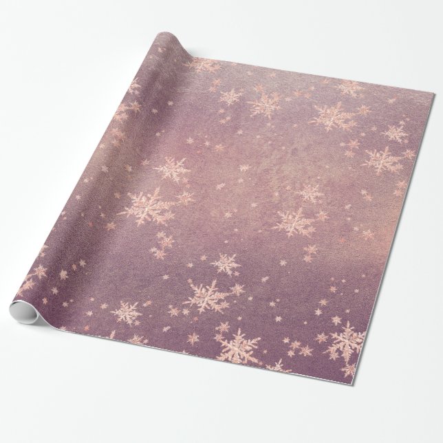 Blush Pink Gold Snowflakes Purple Dusk Sunset Wrapping Paper (Unrolled)