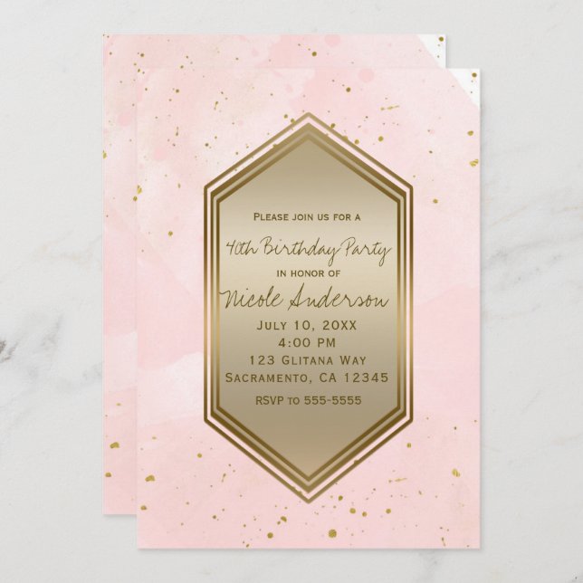 Blush Pink Gold Splatter Glam Birthday Party Event Invitation (Front/Back)