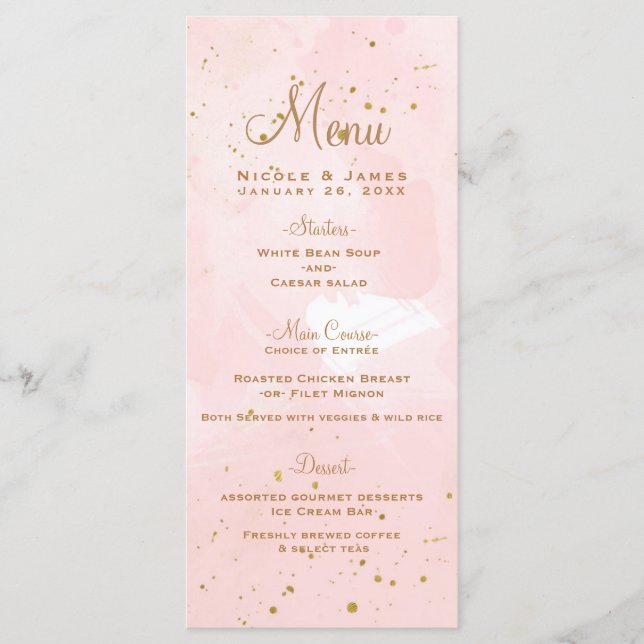 Blush Pink & Gold Splatter Modern Wedding Menu (Front)