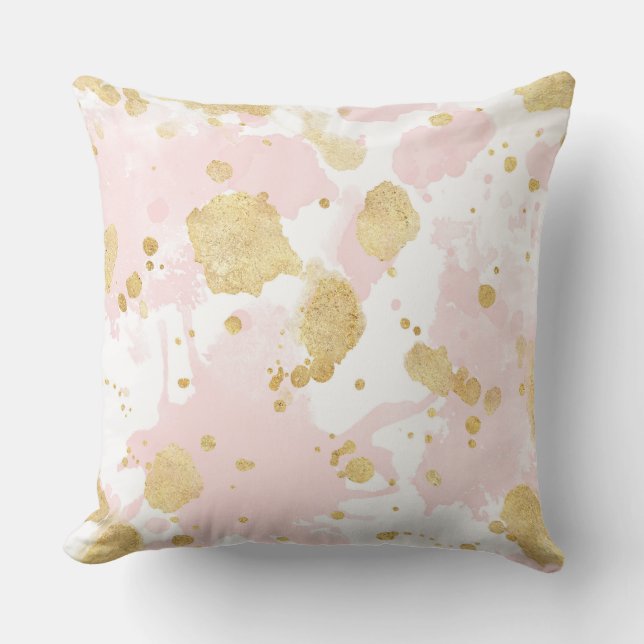 Blush Pink Gold Splatters Abstract Cushion (Front)