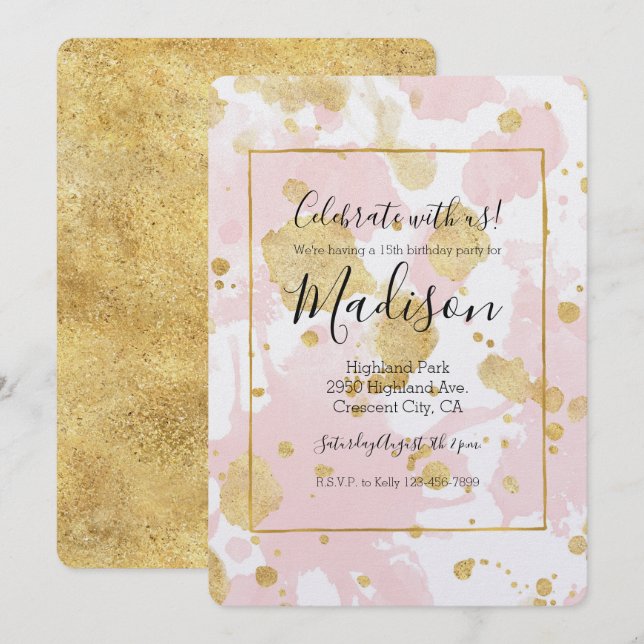Blush Pink Gold Splatters Abstract Invitation (Front/Back)