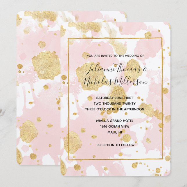 Blush Pink Gold Splatters Abstract Invitation (Front/Back)