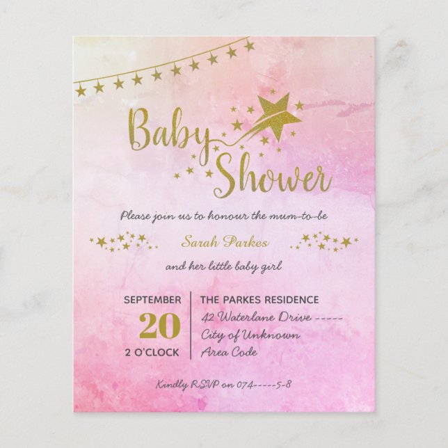 Blush pink gold star girl Baby shower invitation (Front)