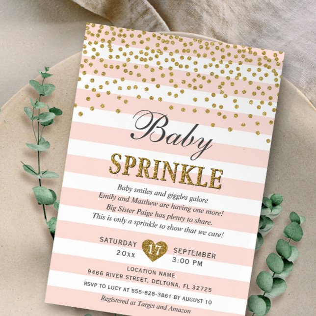 Blush Pink Gold Stripe Confetti Baby Girl Sprinkle Invitation (Creator Uploaded)