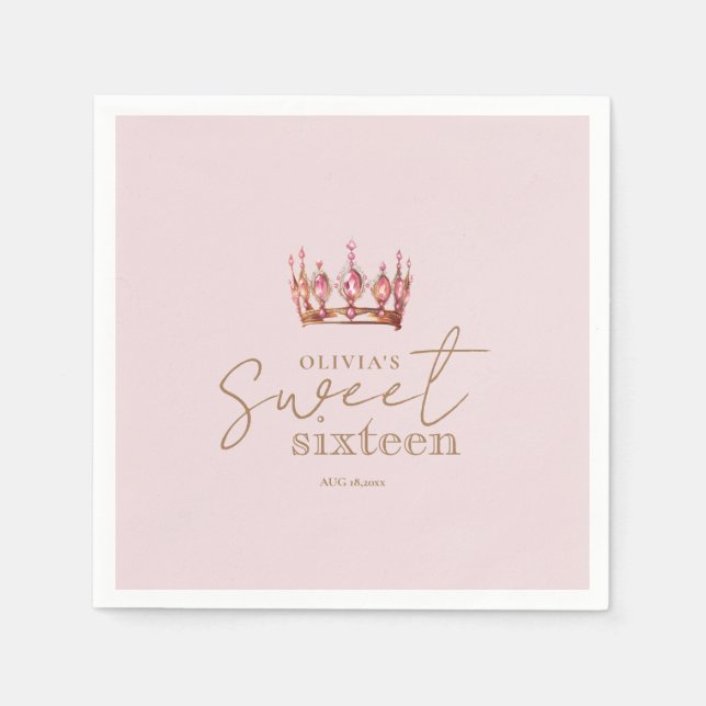 Blush Pink & Gold Sweet 16 Crown Paper Napkin (Front)