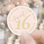 Blush Pink Gold Sweet 16th Birthday Party Favour Classic Round Sticker<br><div class="desc">Add a chic and trendy finishing touch to envelopes and favours with these blush pink and gold sweet 16th birthday party round stickers. Design features a modern handwritten style script typography on a girly blush pink background. Text in a circle is simple to customise. These elegant labels make a stylish...</div>