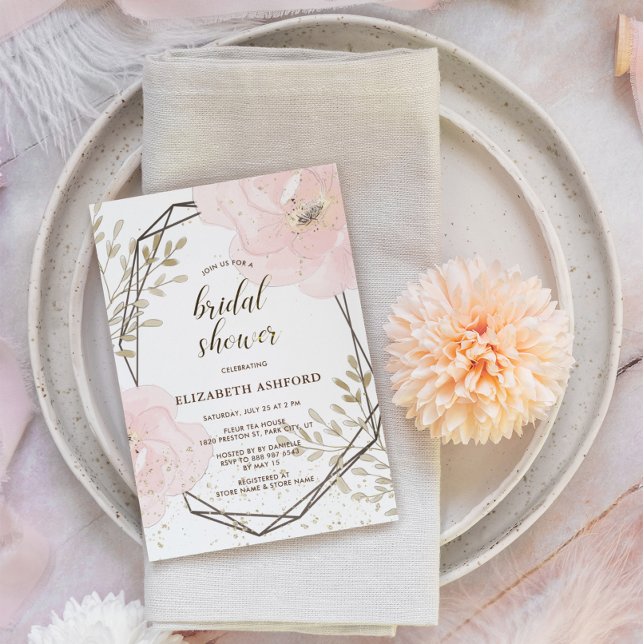 Blush Pink Gold & Taupe Floral Bridal Shower Invitation (Creator Uploaded)