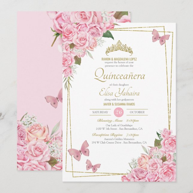 Blush Pink Gold Tiara Floral Butterfly Quinceanera Invitation (Front/Back)