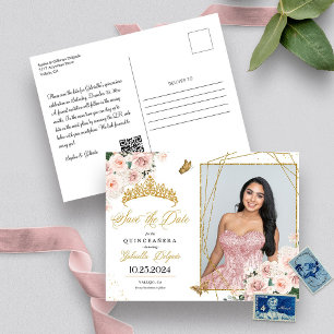 Blush Pink & Gold Tiara Quinceañera Photo Postcard