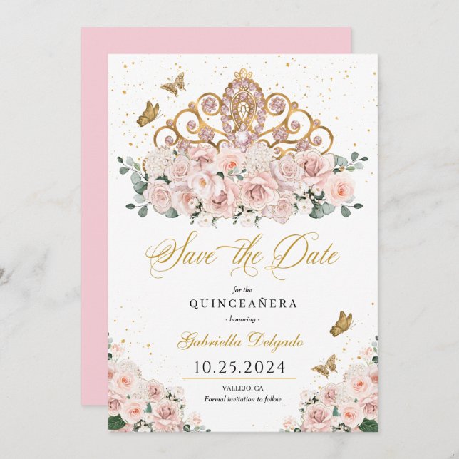 Blush Pink & Gold Tiara Save The Date Quinceañera Invitation (Front/Back)