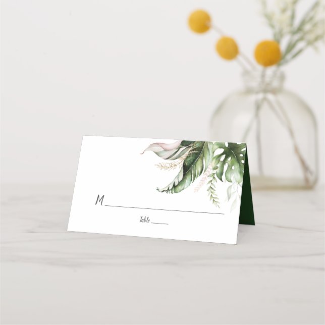 Blush Pink, Gold Tropical Greenery Wedding Place Card (Front)