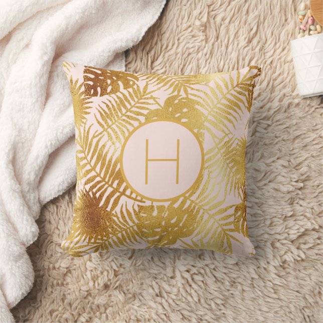 Blush pink gold tropical palm tree leaves monogram cushion (Blanket)