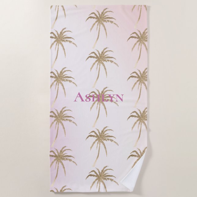 Blush Pink Gold Tropical Palm Trees   Beach Towel (Front)