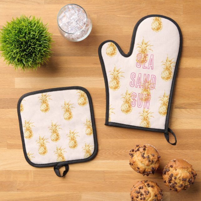 Blush Pink Gold Tropical Pineapples Oven Mitt & Pot Holder Set (Top Down)