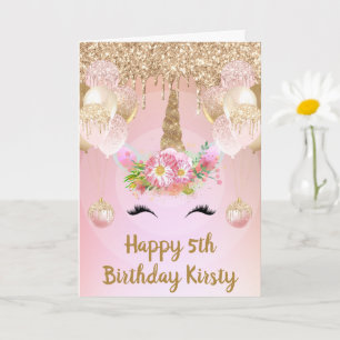 Blush Pink & Gold Unicorn Face Birthday Card