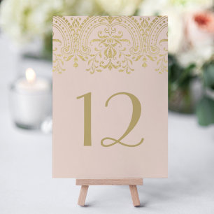 Blush Pink Gold Vintage Damask Wedding Table Number