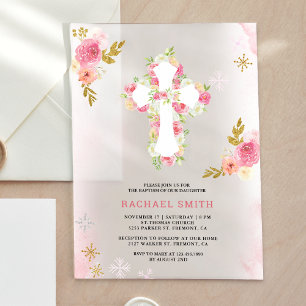 Blush Pink Gold Watercolor Floral Baptism Acrylic Invitations
