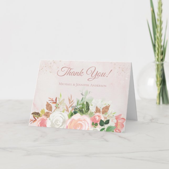 Blush Pink Gold Watercolor Floral Thank You Card (Front)