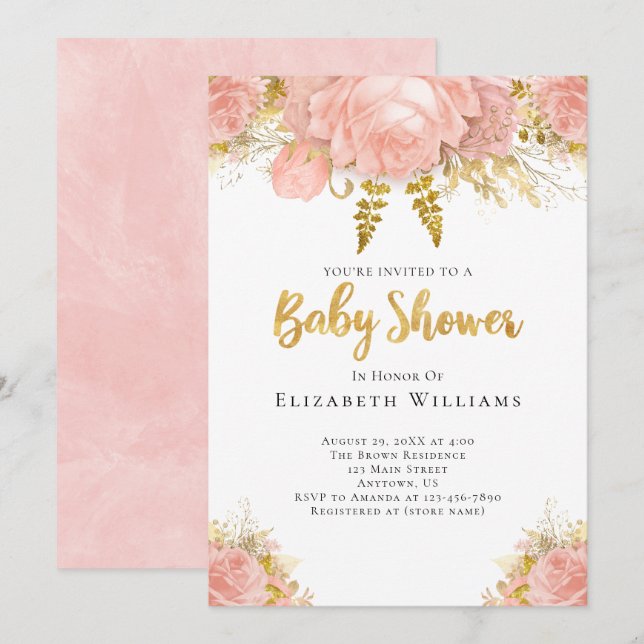 Blush Pink Gold Watercolor Flower Girl Baby Shower Invitation (Front/Back)