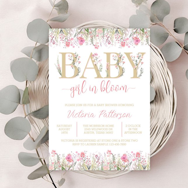 Blush Pink Gold Watercolor Wildflower Baby Shower Invitation (Wildflower baby shower invitation with pink watercolor wildflowers and pretty floral text.)