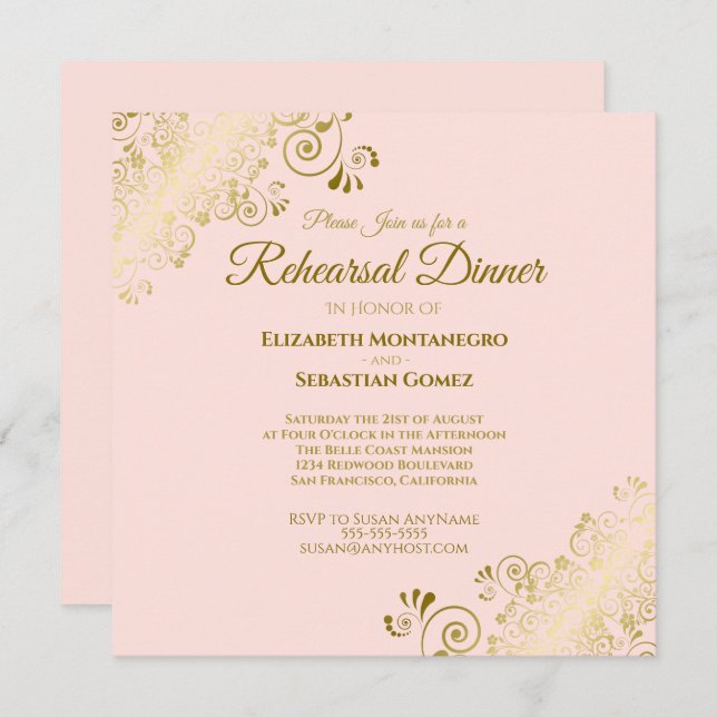 Blush Pink & Gold Wedding Rehearsal Dinner Square Invitation (Front/Back)