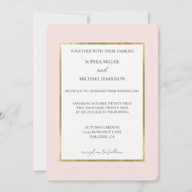 Blush Pink Gold White Wedding Invitation (Front)