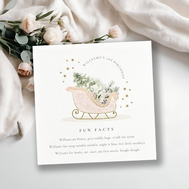 Blush Pink Gold Winter Sleigh Fun Facts Birthday Napkin (Creator Uploaded)