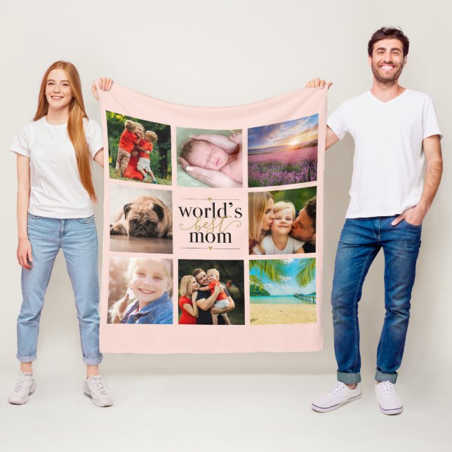 Blush Pink Gold Worlds Best Mum 8 Photo Collage Fleece Blanket (In Situ)