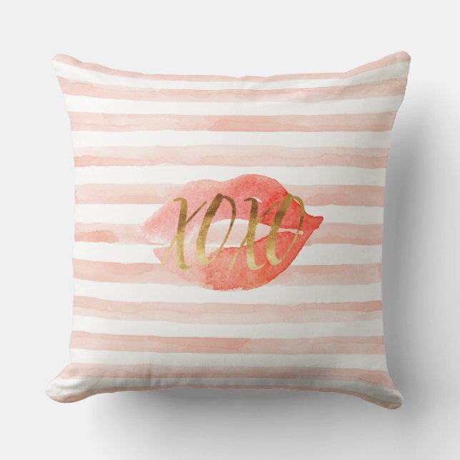 Blush Pink Gold XOXO Watercolor Kiss Cushion (Front)