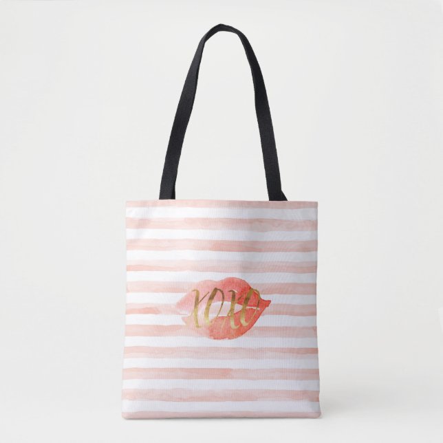 Blush Pink Gold XOXO Watercolor Kiss Tote Bag (Front)