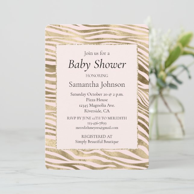 Blush Pink Gold Zebra Animal Print      Invitation (Standing Front)