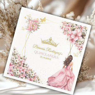 Blush Pink Golden Floral Butterflies Quinceañera Napkin