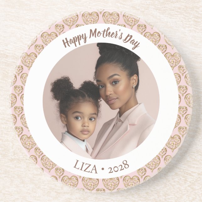 Blush Pink Golden Hearts Mother's Day Photo Coaster (Front)