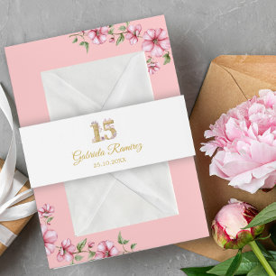 Blush Pink Golden Mis Quince Quinceañera Invitation Belly Band