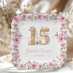 Blush Pink Golden Mis Quince Quinceañera  Paper Plate