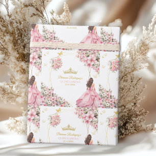 Blush Pink Golden Tiara Floral Butterflies Sticker Wrapping Paper