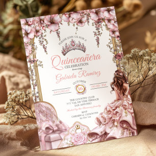 Blush Pink Golden Tiara Floral  Quinceañera Invitation