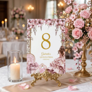 Blush Pink Golden Tiara Floral Quinceañera Table Number