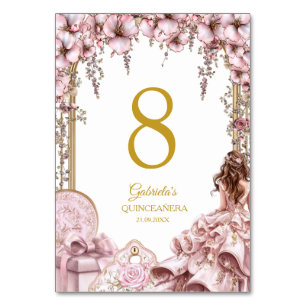  Blush Pink Golden Tiara Floral Quinceañera  Table Number