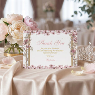 Blush Pink Golden Tiara Floral Quinceañera Thank You Card