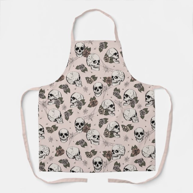 Blush Pink Gothic Skulls and Roses Floral Apron (Front)