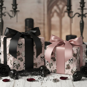 Blush Pink Gothic Skulls and Roses Floral Wrapping Paper