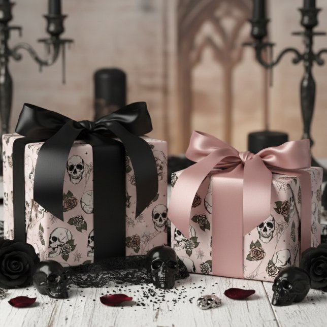 Blush Pink Gothic Skulls and Roses Floral Wrapping Paper (Gothic Blush Pink & Black Floral Skulls Wrapping Paper. Vintage Dark Skull Roses Halloween Pattern)