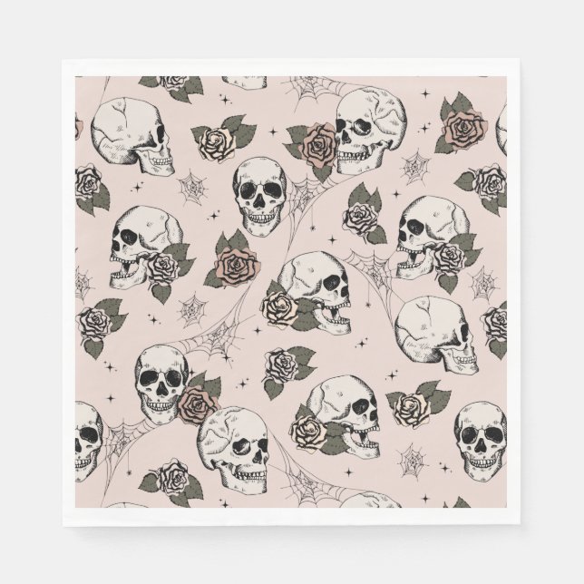 Blush Pink Gothic Skulls and Roses Halloween Napkin (Front)