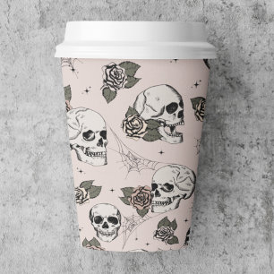 Blush Pink Gothic Skulls and Roses Halloween Paper Cups