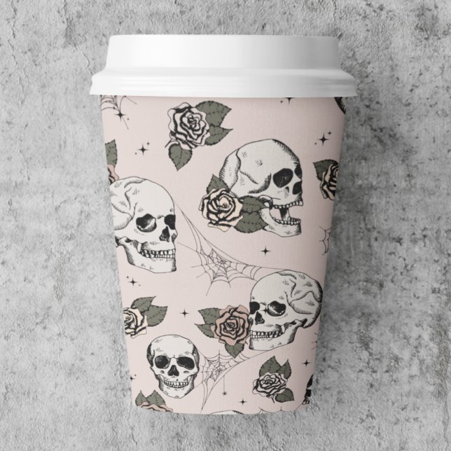 Blush Pink Gothic Skulls and Roses Halloween Paper Cups (Blush Pink Gothic Skull Paper Cup. Elegant Pattern of Hand Drawn Skulls & Roses for Halloween Party)