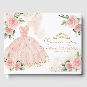 Blush Pink Gown Floral Quinceanera Guest Book