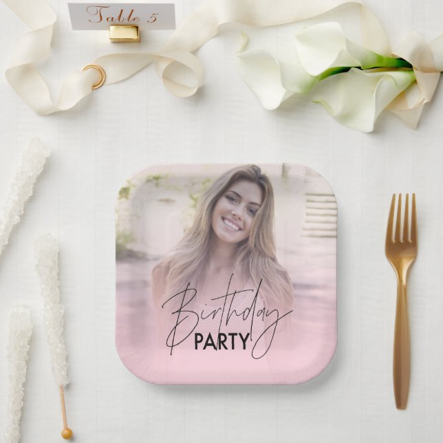 Blush Pink Gradient Personalised Photo Birthday Paper Plate (Wedding)