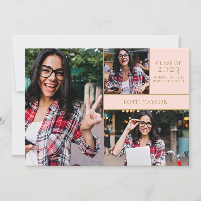 Blush Pink Graduate 3 Photo Gold Graduation Party Invitation (Front)